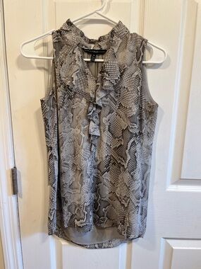 White House Black Market Gray Snake Print Ruffle Sleeveless Top